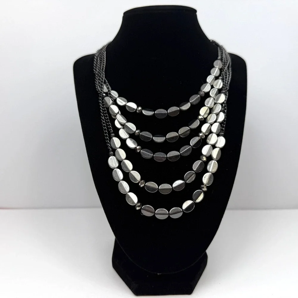 NY Layer Statement Bib Necklace Strand Bead Chain Gray Silver Jewelry 10 in